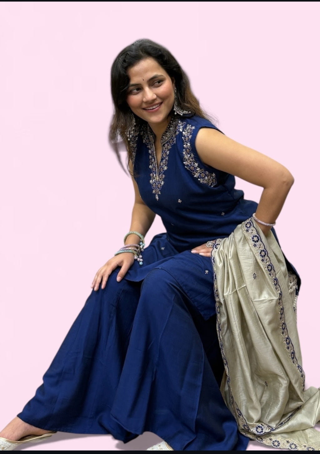 Royal Navy Blue Embroidered Sharara Suit Set
