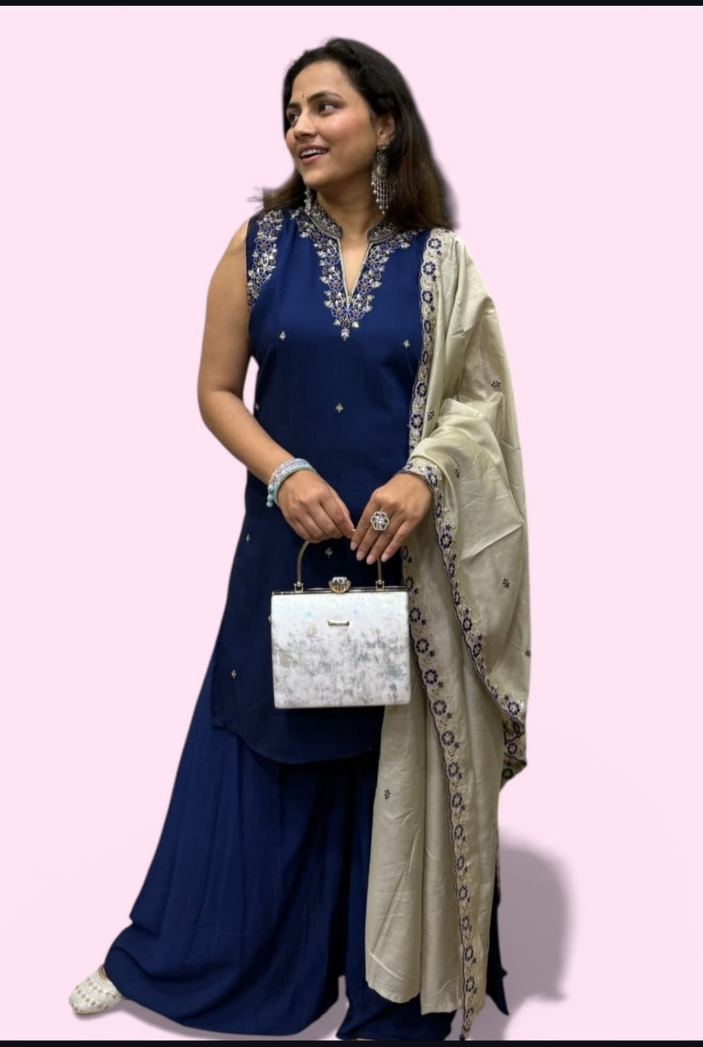 Royal Navy Blue Embroidered Sharara Suit Set